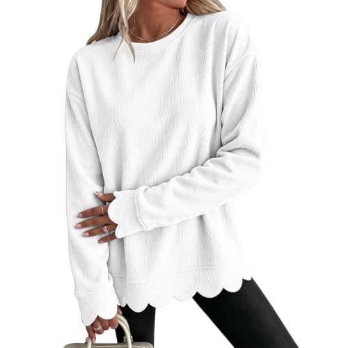 Women's Crew Neck Sweatshirt Fall Corduroy Sweatshirt with Scalloped Hem - image 1