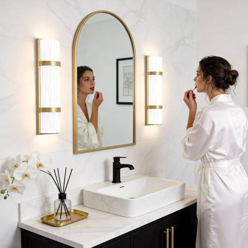 Image of Modern Bathroom Wall sconces Set of 2 - 16 Inch Bathroom Wall Light Fixture, LED Gold Wall Sconce with Artisanal White Frosted Glass, 4000K Warm Lighting for Hallway Bedroom Living Room