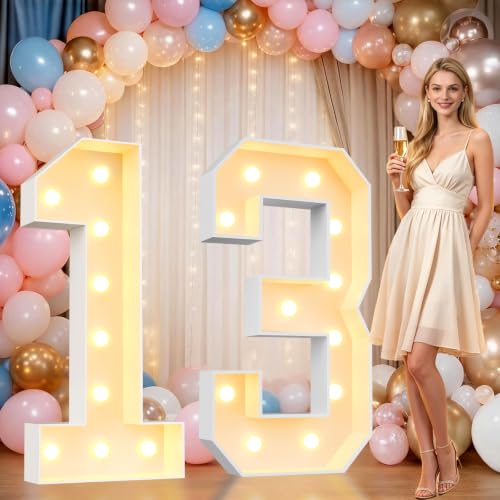 Image of Pooqla 4FT Marquee Numbers, Large Light Up Number 13th Birthday Party Decor | Warm White LED Marquee Light Up Numbers 4 Feet Tall, Party Decorations for 13th 31st Birthday Anniversary Photo Backdrop