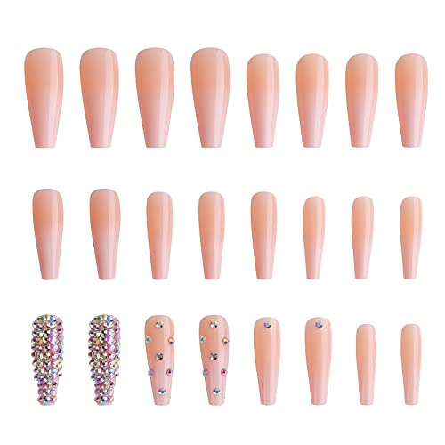 Molain Long Fake Nails Tips-Coffin Press on Nails Full Cover Ballerina Diamond False Nails for Women and Girls 24Pcs Acrylic Artificial Nail Set Salon Home Nail Art Supply (Rhinestone)