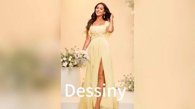 Amazon.com: Dessiny Short Sleeves Chiffon Bridesmaid Dresses with Pockets  Yellow Ruched Square Neck Aline Evening Formal Dress with Slit US4 :  Clothing, Shoes & Jewelry