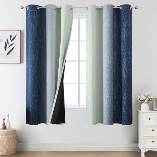Estelar Textiler Navy Blue and Sage Green Ombre Blackout Curtains 63 Inches Long 2 Panels, Full Room Darkening Grommet Curtains for Bedroom, Thermal Insulated Light Blocking Gradient Drapes, 42Wx63L