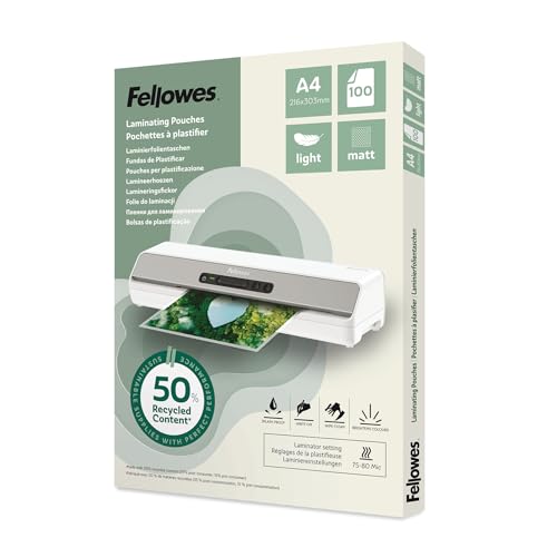 Fellowes A4 Laminating Pouches – 100 Pack, Matt Finish, Light Duty 75/80 Micron, 50% Recycled Content – Lamination for Teachers & Offices