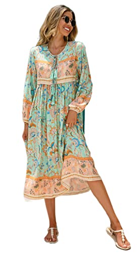 R.Vivimos Elegante Casual Mujer Bohemio Vestido Largo Estampado Corbata Manga Larga Vestido de Midi de Playa Vestido de Vacaciones(XL,Aqua)
