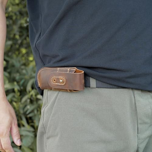 Topstache Leather Pocket Knife Sheath - Belt Loop EDC Belt Organizer - Horizontal Carry Knife Holder- Multitool Sheath with Two Snap Closure for Folding Knife, Darkbrown