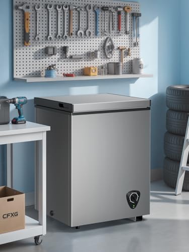 Image of Small Deep Freezer with Removable Basket, 3.5 Cu.ft Chest Freezer Top Door Open, 7 Grade Temperature Control Ideal for Kitchen Apartment Office, Light grey
