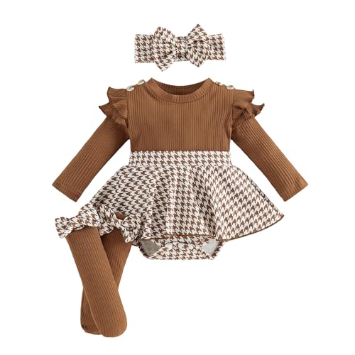 MERSARIPHY Baby Girl Fall Winter Clothes Newborn Dresses Long Sleeve Knitted Romper Dress + Sock + Headband Photoshoot Outfit (Brown, 0-3 Months)