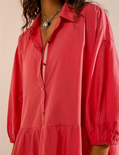 HangNiFang Women's Summer Babydoll Mini Dress Flowy Puff Sleeve Tiered Button Down Oversized Tunic Dress with Pockets2