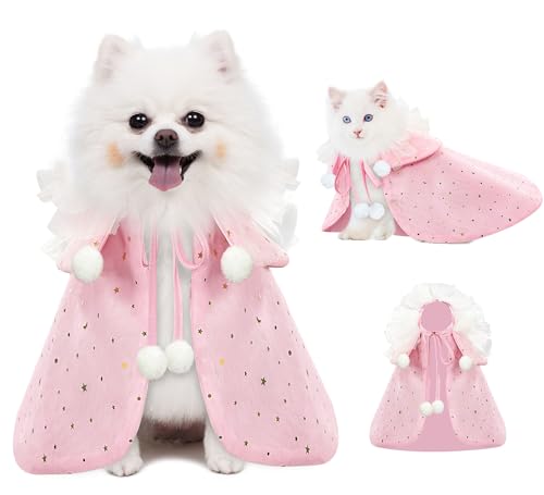 KOUPA Pet Wedding Costume for Cat Small Dogs, Sparkly Cat Clothes Tulle Cloak for Puppy Kitten, Halloween Dog Outfit Suit for Party Holiday Christmas, Pink