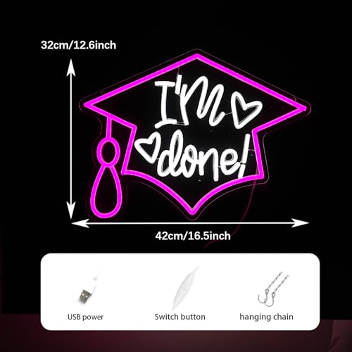 Image of I'm Done Neon Sign LED Bachelor's Cap Light Sign Dimmable Graduation Decor Neon Light USB Powered Congrats Neon Light for Commencement School Graduation Party Wall Decor(16.5 * 12.6 In)