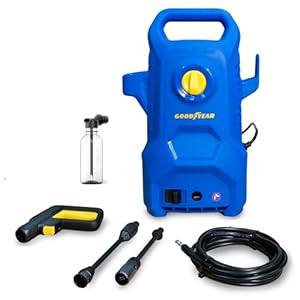 Goodyear - Hochdruckreiniger 1400W – 100 Bar Elektro-Druckreiniger mit Auto-Stop-System, 5m Schlauch & Trommel, inkl. 200ml Reinigungsmittel-Kit, Hochdruckpistole & Lanze, Kompakt