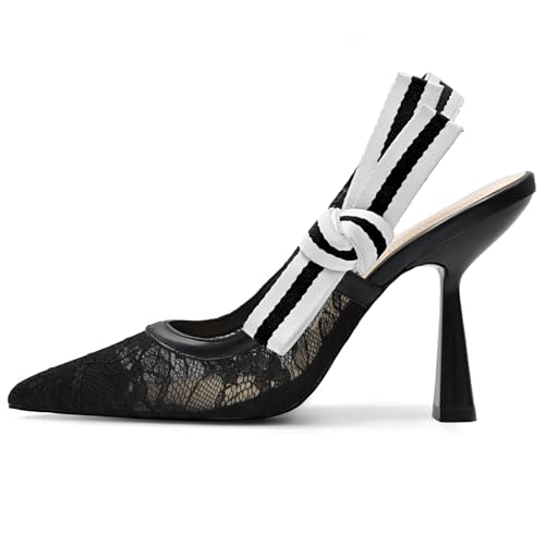Image of HOCHFART Women's Slingback Kitten Heels Closed Pointed Toe Slip On Pumps | Bowknot, Elastic Slingback Strap, Office, Wedding, Bridal, Formal, Events, Church, Gathering, Casual Outing