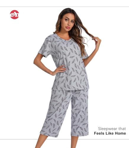 Image of ENJOYNIGHT Womens Pajama Sets Cotton Pj Set Short Sleeve Top With Capri Pants Sleepwear 2 Piece Lounge Set