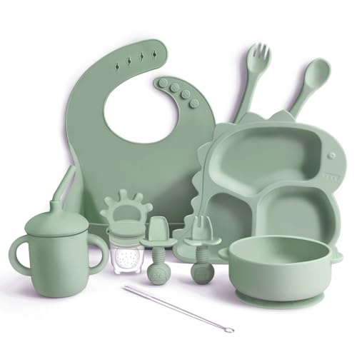 Image of FOMOMDI Silicone Baby Weaning Set, 10PCS Baby Feeding Set - Toddler Utensils, Baby Led Weaning Supplies with Dinosaur Plate, Bib, Cup, Suction Bowl, Forks, Spoons, Fruit Feeder, Clean Brush