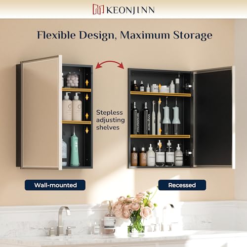Image of Keonjinn Bathroom Medicine Cabinets with Mirror, 24 inch x 30 inch Brushed Nickel Medicine Cabinet, Recessed or Wall-Mounted, Aluminum Alloy Framed, Farmhouse Bathroom Mirror with Storage Cabinet