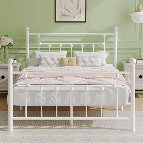 VECELO Metallbett 140x200 cm Bettrahmen mit Hohem Kopfteil, Vintage Stil Bettgestell Doppelbett mit Lattenrost, Gästebett Jugendbett für Schlafzimmer Gästezimmer, Weiß VECELO Metallbett 140x200 cm Bettrahmen mit Hohem Kopfteil, Vintage Stil Bettgestell Doppelbett mit Lattenrost, Gästebett Jugendbett für Schlafzimmer Gästezimmer, Weiß