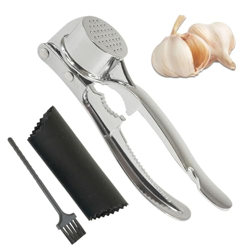 Prensa de Ajo Multifunción en Acero Inoxidable – Picadora Manual, Triturador y Pelador de Ajos con Cepillo de Limpieza y Cascanueces con Escamador y Abridor de Botellas (M)
