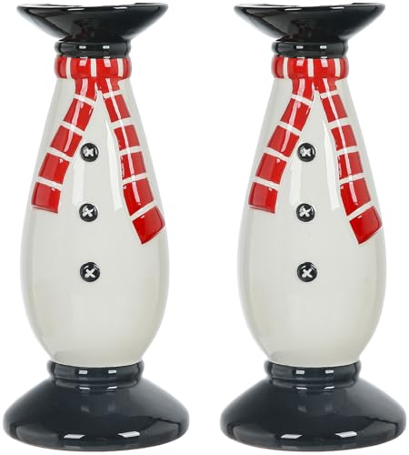 Set of 2 Christmas Hand-Painted Ceramic Large Candle Holders for Pillar Candles (Snowman)