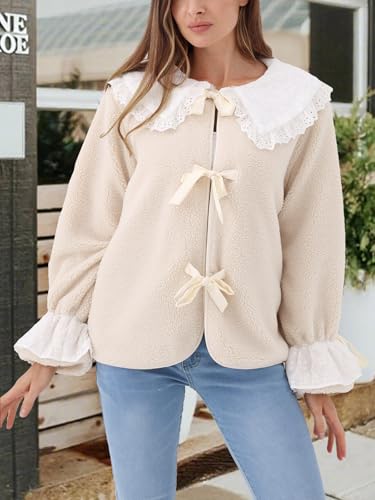 KEOMUD Women's Fall Winter Warm Fuzzy Sherpa Coat Casual Long Sleeve Fleece Jacket with Pockets Lace Peter Pan Collar2