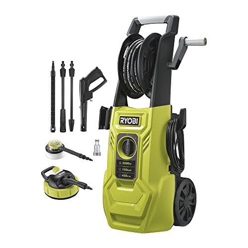 RYOBI - Nettoyeur Haute Pression 2000 W - 150 Bars - 450 L - Flexible 8 m - Enrouleur - réservoir détergent intégré - Lance Vario & Turbo - Brosse rotative...