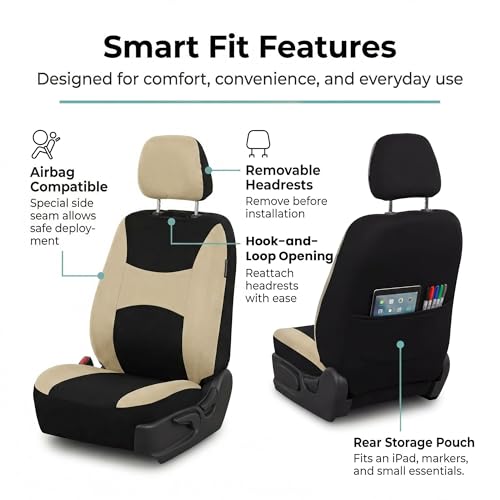 Image of FH Group Universal Automotive Seat Covers Front Set | Light & Breezy Flat Cloth Washable Car Seat Cover for SUV, Sedan, Truck | Airbag Compatible Interior Upgrade - Beige /Black