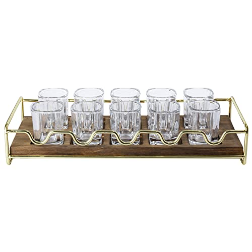 Mygift Burnt Wood Shot Glass Serving Tray Set With Brass Tone Metal Frame, Shot Glass Holder Rack With 10 Square Glasses, Vodka Tequila Tasting Flight Glasses Set #TOP5
