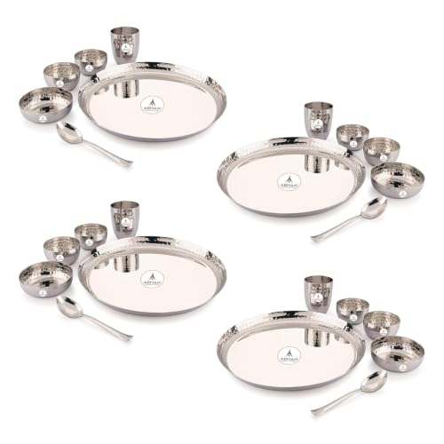 Image of Arham Stainless Steel Dinner Set | 24 Pcs (4 Set) | Premium Heavy Weight Hammered Dinner Set for Gift | 24 Pcs Regular Size (4 Plate, 4 Halwa Plate,8 Bowl /Wati, 4 Glass, 4 Spoon) | Premium DinnerWare