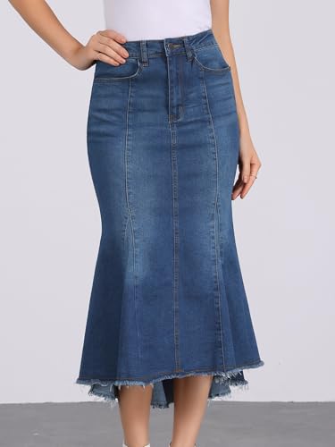 Allegra K Women's Washed Fishtail Denim Skirt High Waist Raw Hem Fashion Casual Midi Jean Skirts with Pockets2