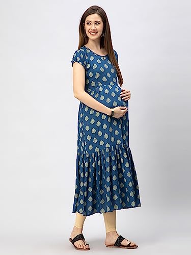 Image of CEE 18 Women's Cotton A-line Maternity Feeding Kurti with Zippers (9667 40,Divine Blue,Large)
