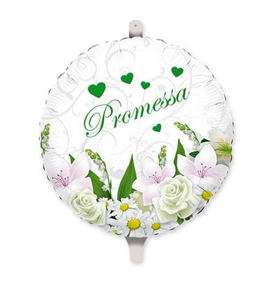 Pallone di PROMESSA di MATRIMONIO - Bianchi e Verde con disegno Fiori e scritta PROMESSA - PALLONCINO in foil Mylar - 45CM - gonfiabile ad aria o elio - FORNITO SGONFIO