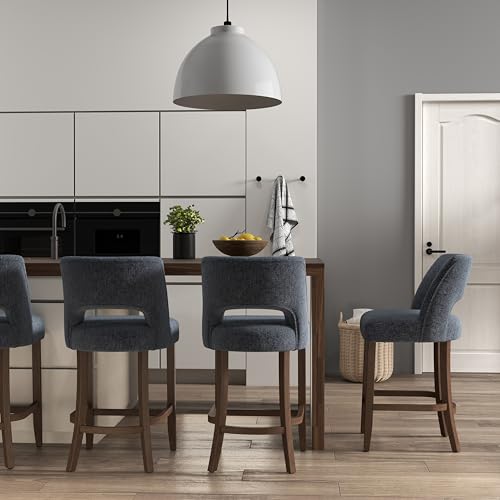 Image of VKNOW Bar Stools Set of 4, 26 inch Upholstered Counter Height Bar Stools, Modern Counter Stools with Wood Legs for Kitchen Island Dining Room Bar, Navy Blue