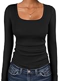 ANRABESS Women Long Sleeve Thermal Top Scoop Neck Slim Fit Fleece Shirts Basic Tee Casual 2025 Fall Winter Warm Undershirts Black Medium