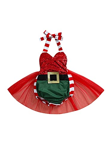 Baby Girls Christmas Romper with Yarn Skirt Hem, Red Stripe One Piece Printed Pattern Halter Neck Outfit, Red, 0-3 Months - Afbeelding 6