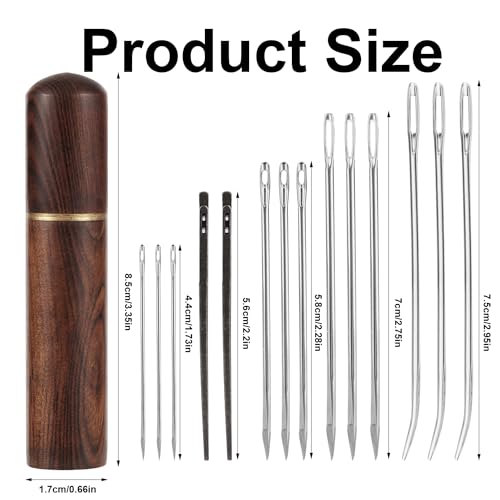 15stk Ledernähnadel-Set, Handnähnadel mit Großem Öhr Stahl Gebogene Gobelinnadel Strapazierfähig Lederschnürnadel mit Holzetui für Heimwerker Sofa-Taschenreparaturprojekte
