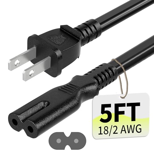 Vockjour 2 Prong AC Power Cord 5Ft Black, Universal Power