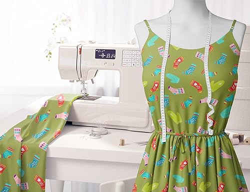 Image of Soimoi Green Polyester Crepe Fabric Socks & Gloves Folk Art Printed Craft Fabric by the Meter 42 Inch Wide