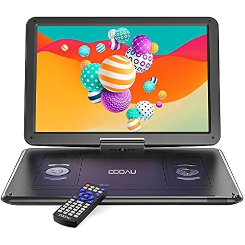 COOAU 17.5'' Portable DVD Player with 15.6" Large Swivel Screen, 6 Hrs Long Lasting Built-in Battery, Region Free, Stereo Sound, with Remote Controller, SD+USB+AVin+AVout+Earphone Port, Black Cover
