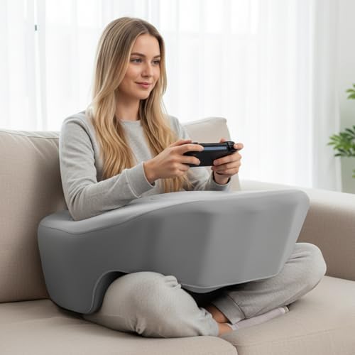 PITCTCHIC Reading Pillow for Gaming, Large Arm Rest Pillow for Adult, Memory Foam Desk Pillow with Cup & Phone Holder for Reading, Working, Crocheting, Playing Game or Sitting in Bed (Grey) by PITCTCHIC - Used condition - US$18.80