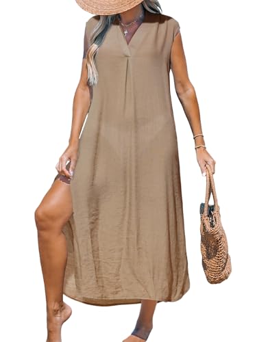 Image of CUPSHE Women's Swimsuit Coverup Casual Sleeveless Side Split Long Cardigans V Neck Midi Beach Dress