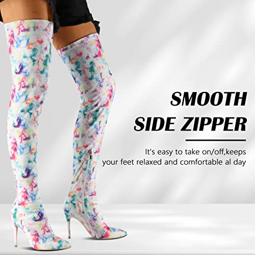 Women's Thigh High Boots Faux Suede Elasticity Heels Over The Knee Boots Side Zip Pointed Toe Fashion Sexy Winter Stiletto Knee High Boots White Elastic Cloth Size Us8 Eu39 #TOP2