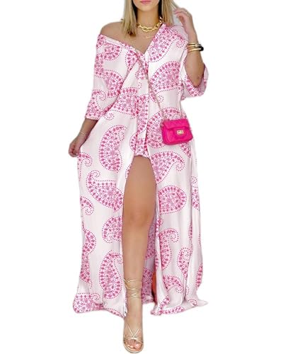 WSZJLN Frühling Damen Lose Langarm V-Ausschnitt Gestreiftes Hemdkleid-Rosa Cashew-Blume-XXL