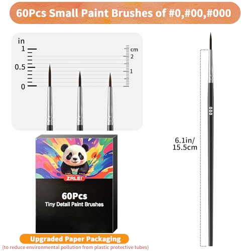 Set de 60 pinceles finos para detalles Tiny Detail Paint Brushes ZRLEI tamaño #0, #00, #000 para pintura acrílica, acuarela y óleo miniatura 2