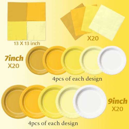 Image of CMUSKO Yellow Birthday Decorations - 60pcs Light Yellow Plates and Napkin Gradient Disposable Tableware for Birthday,Baby Shower,Wedding