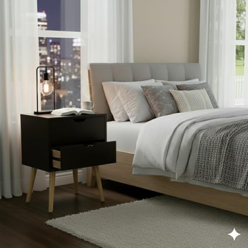 Image of Modern Wooden Bedside Table with 2 Drawers | Compact Night Stand Side Table for Bedroom Living Room | Space Saving Storage Furniture with Sturdy Legs (Brown, 2 Drawer)