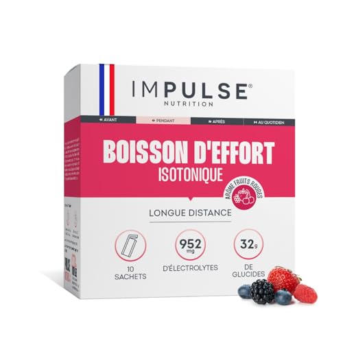 Impulse Nutrition - Boisson isotonique d’effort fruits rouges avec 3 glucides, électrolytes, BCAA - Énergie, Hydratation, Récupération - Pour les Longues distances - 10 sachets - Fabriqué en France