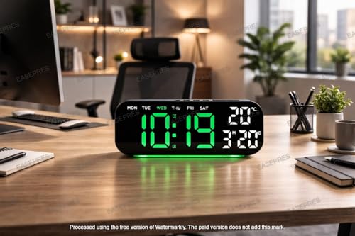 Image of EASEPRES Digital Wall & Table Clock, RGB Bottom Light, Type-C Charging, Dual Alarm, Date, Day & Temperature Display, 12 /24 Hour Format, for Bedroom, Table, Home,Office (Green, 10 inch)