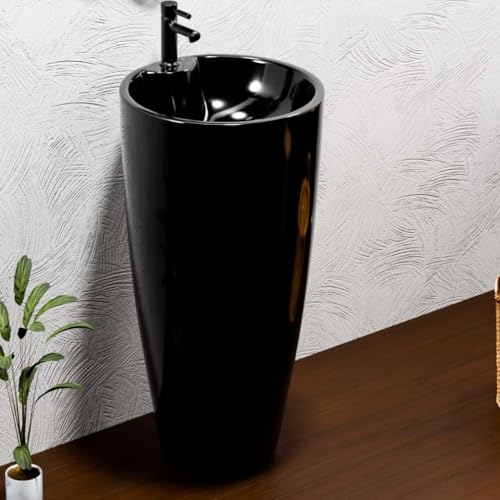 Image of InArt Ceramic One Piece Pedestal Wash Basin Free Standing Round Glossy Black 38 X 38 CM