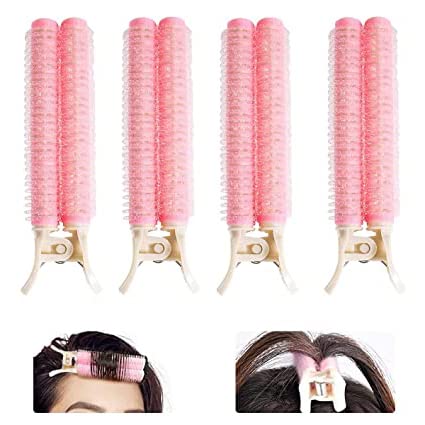 HASTHIP® Pink 4 Pcs Women Girls Volumizing Root Clip Hair Curler Rollers,Instant Bang Heatless Curler,DIY Hairdressing,Styling Tools for Long & Short Hair
