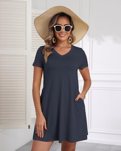 Image of COSSEN Women's Casual T Shirt Dress V-Neck Short Sleeves Swing Dresses Birthday Party Summer Travel Beach with Pocket