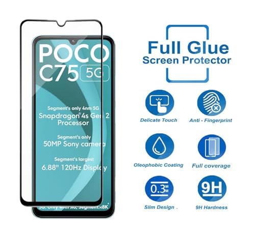 Image of HD Tempered Glass Screen Protector Compatible for Poco C75 5G, Redmi 14C 5G with Edge to Edge coverage and Easy Installation kit